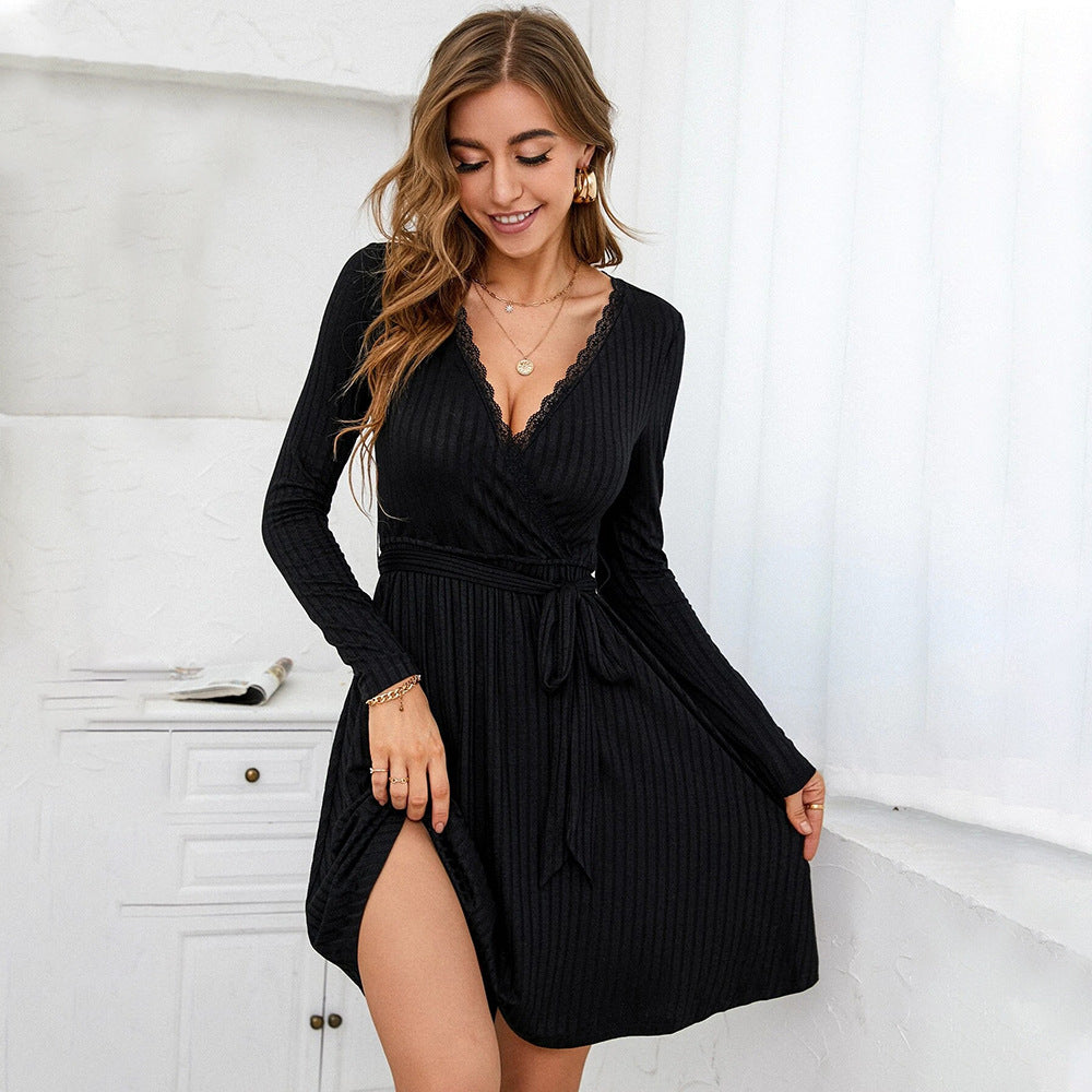 Women Clothing Sexy V neck Lace Stitching Knitted Long Sleeved Dress