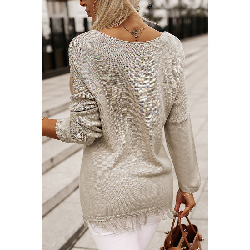 Autumn Solid Color Tassel Long Sleeved Top Women Casual All Matching Pullover V Neck Sweater Women Clothing