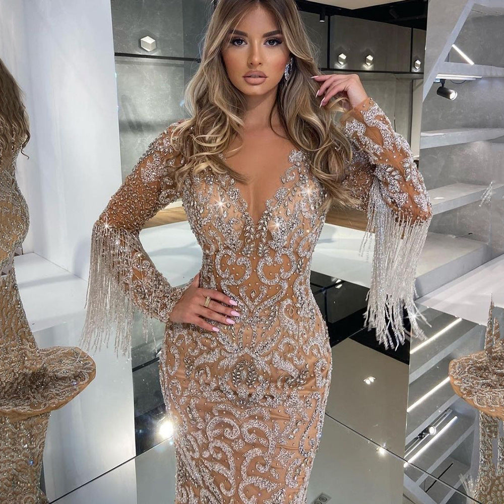 Spring Women Clothing Evening Dress Women Fishtail Gold Tassel Elegant Sexy Dress