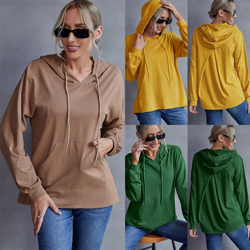 Cotton Loose Casual Plus Size Hooded Tap Pocket Hoodie All-Matching Top for Women