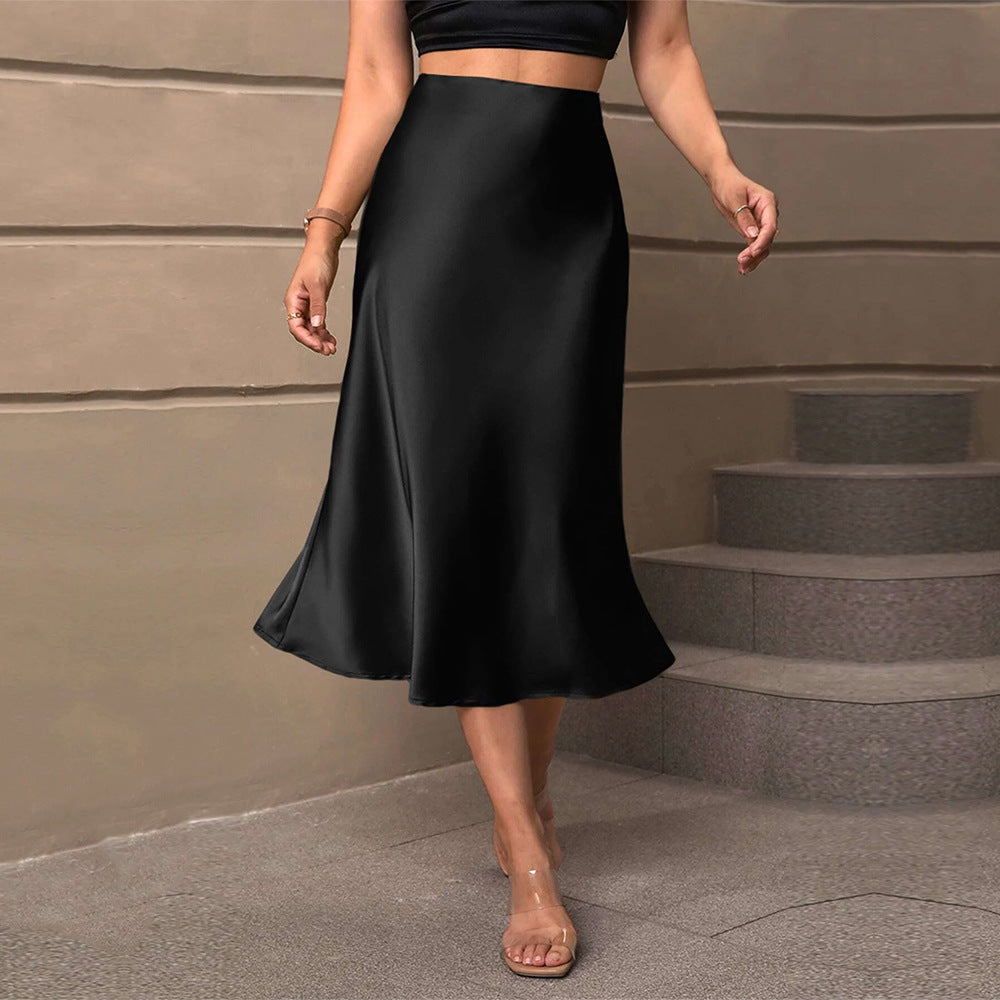Autumn Winter Women Clothing Elegant Slimming Satin Skirt High Waist Sheath Mid Length Fishtail Skirt