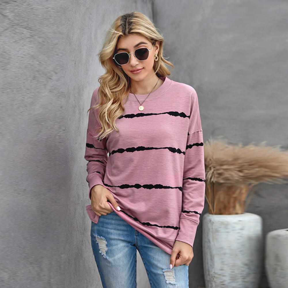 Plus Size Hooded Striped Printed Sweater Women Loose Long Sleeve round Neck Top