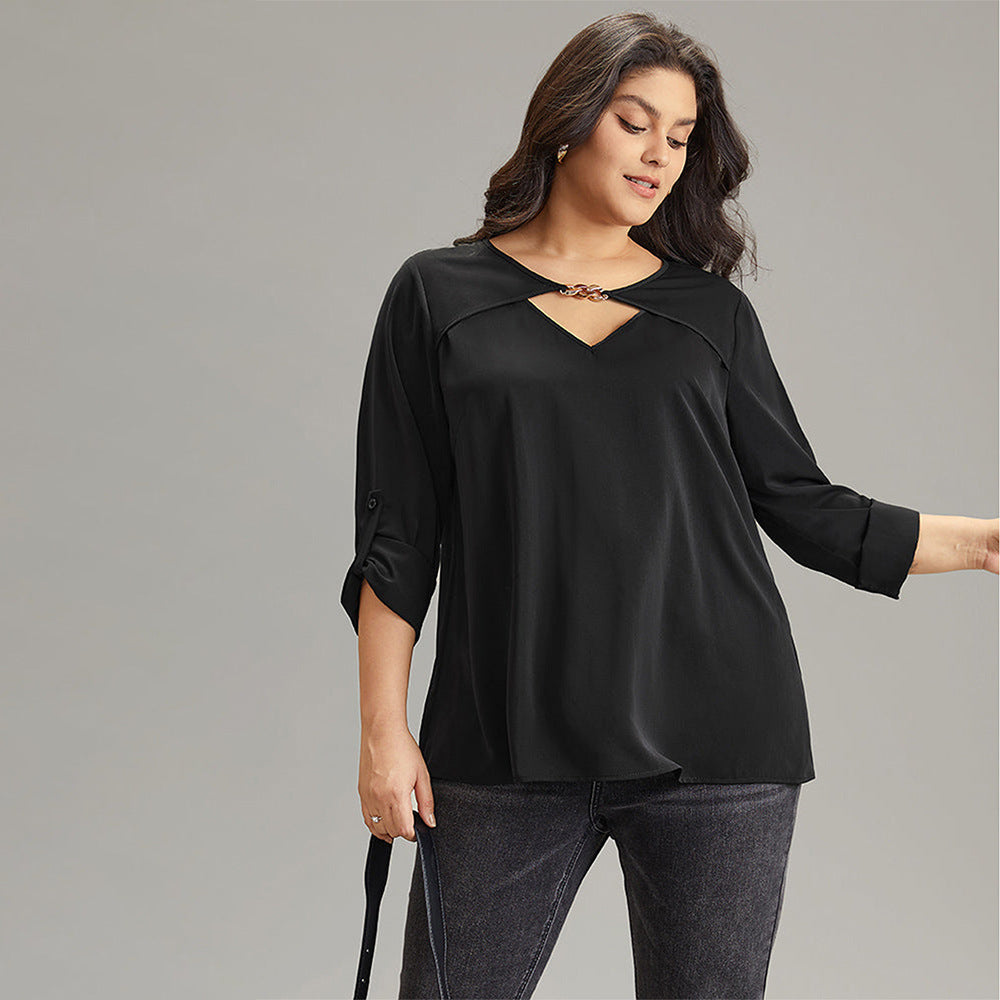 Plus Size Design Women Clothing Office Autumn Winter Bottoming Shirt V Neck Flared Long Sleeve Top