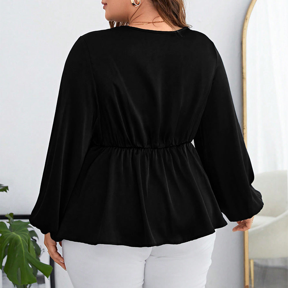 Plus Size Women Clothing Solid Color Chiffon Shirt Cinched Puff Sleeve V neck Long Sleeve Shirt Top