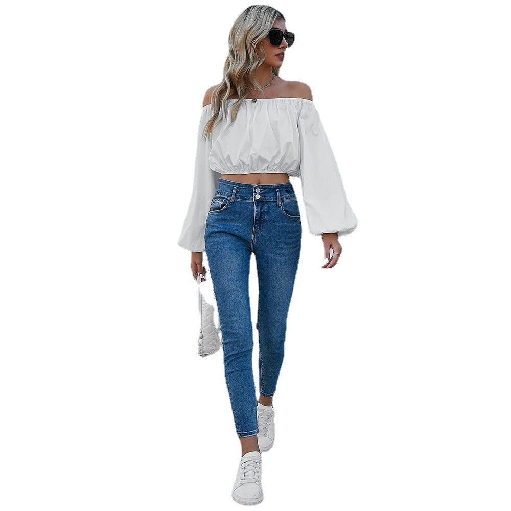 Spring Summer New Women Clothing White Lantern Sleeve Office Pullover Solid Color Sexy off-Neck Long Sleeve