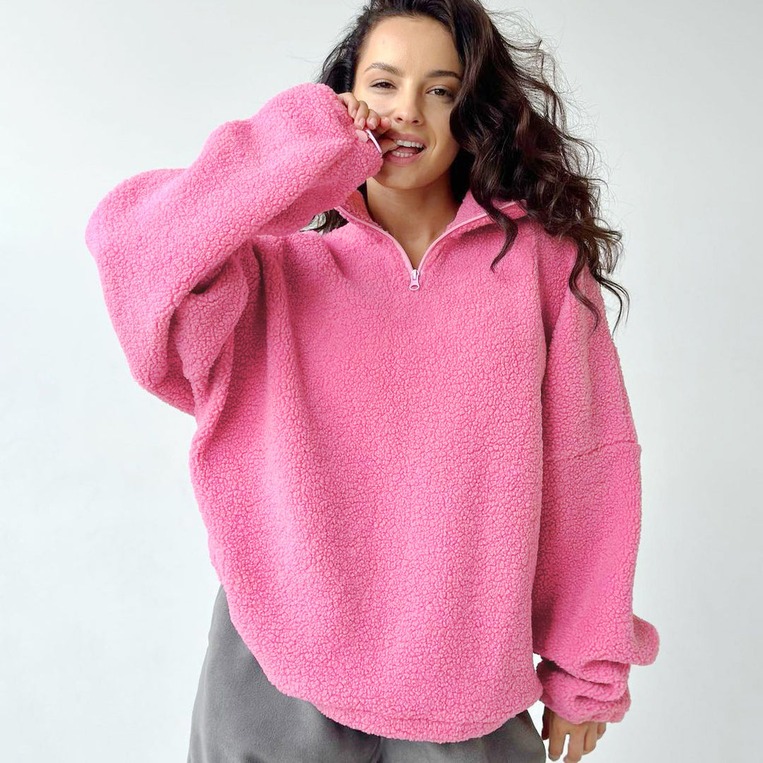 Casual Pink Lambswool Loose Stand Collar Long Sleeve Sweater All Matching Autumn Winter Women Clothing