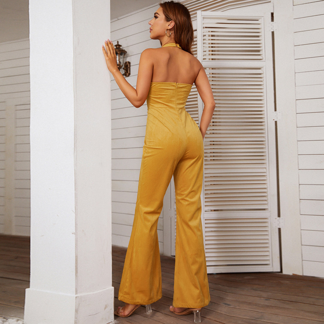 New Summer Loose Slim One Piece Sleeveless Zipper Backless Casual Solid Color Jumpsuit
