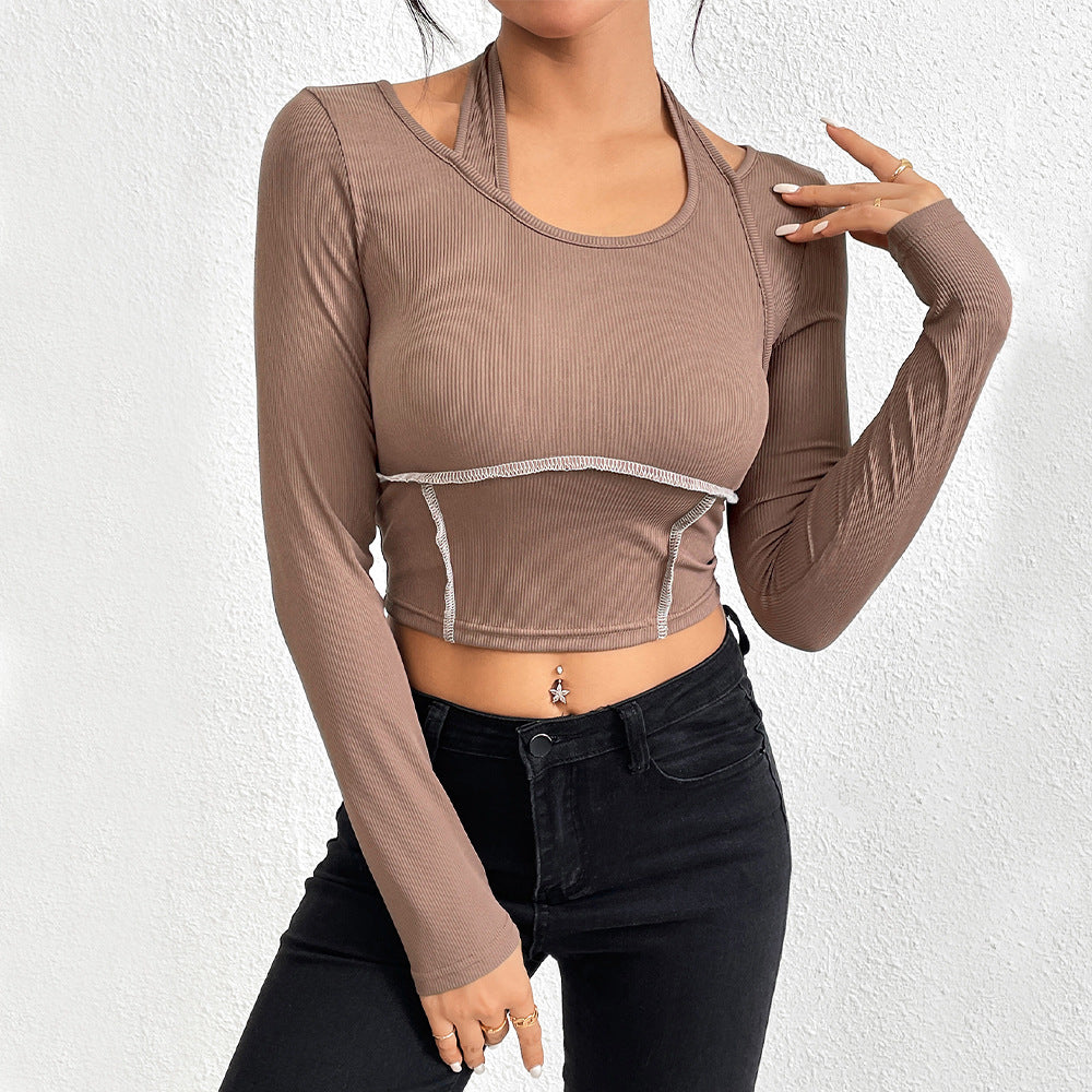 Women Clothing Fall Winter Slim Knitted Long Sleeved Sewing Thread Exposed Halterneck T shirt Tops
