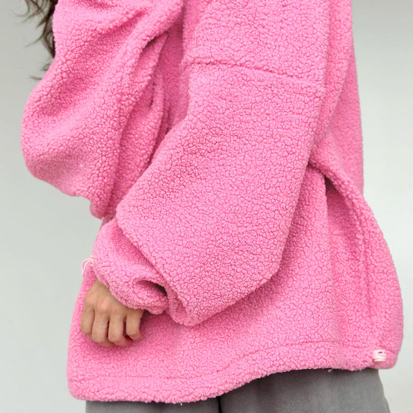 Casual Pink Lambswool Loose Stand Collar Long Sleeve Sweater All Matching Autumn Winter Women Clothing