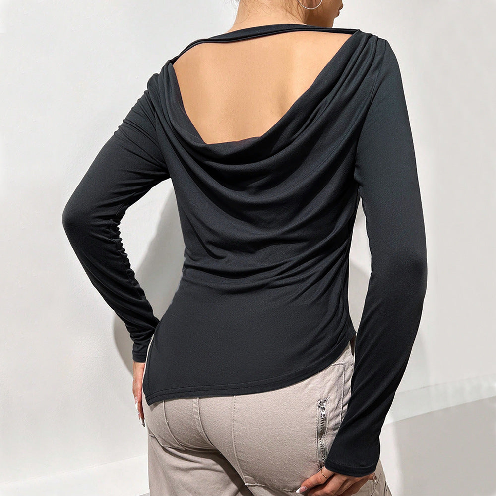 Women Clothing Autumn Winter Elegant Backless Slim Fit Irregular Asymmetric Slit Inner Bottoming Shirt Long Sleeve Top