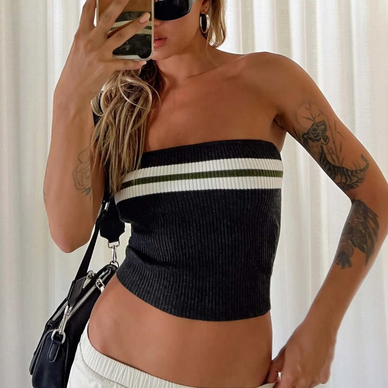 Summer Super Popular Knitted Tank Top Women Contrast Color Striped Tube Top Sexy Tight Fitting Outerwear