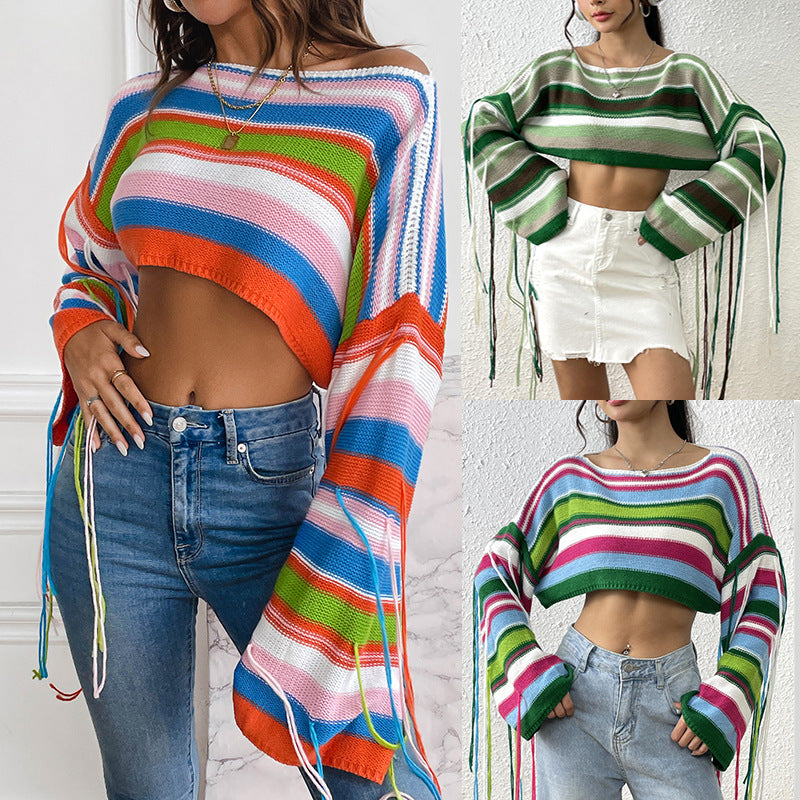 Women Rainbow Striped Fringed Sweater Sexy Ultra Short Cropped Loose Sweater