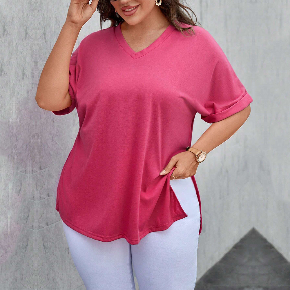 Plus Size Women Clothes Sexy V neck Loose Casual Slit Solid Color Short Sleeve T shirt Top