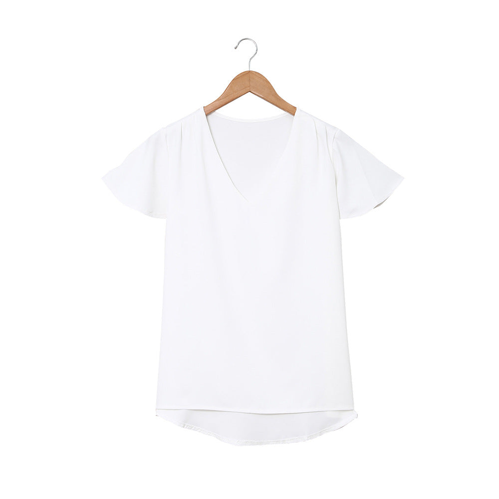 Solid Color Bottoming T shirt for Women Summer V neck Short Sleeve Pullover Regular Top