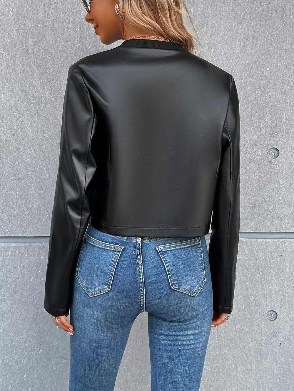 Casual Long Sleeve Zip Cardigan Tops Faux Leather Motorcycle Leather Jacket Coat for Women
