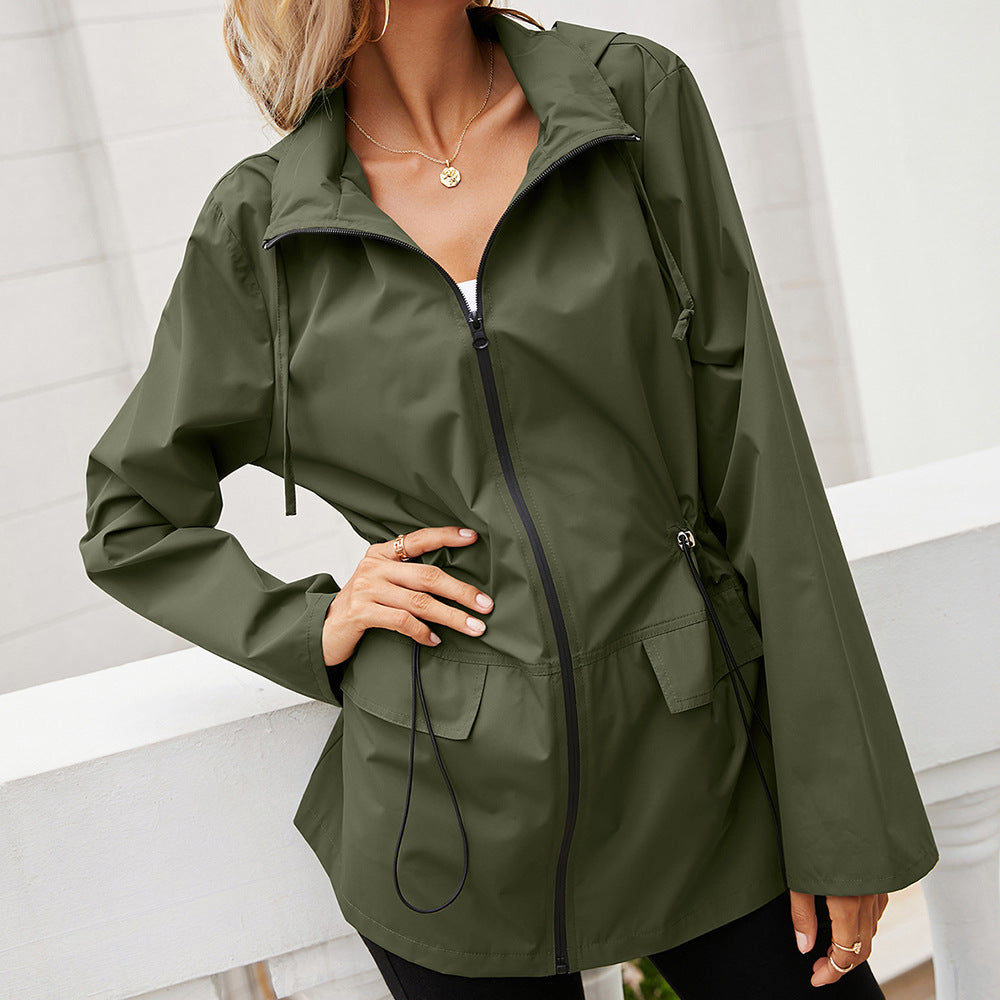 Hooded Zipper Waist Tight Waterproof Raincoat Outdoor Windcheater Mountaineering Clothing Coat Jacket Top for Women