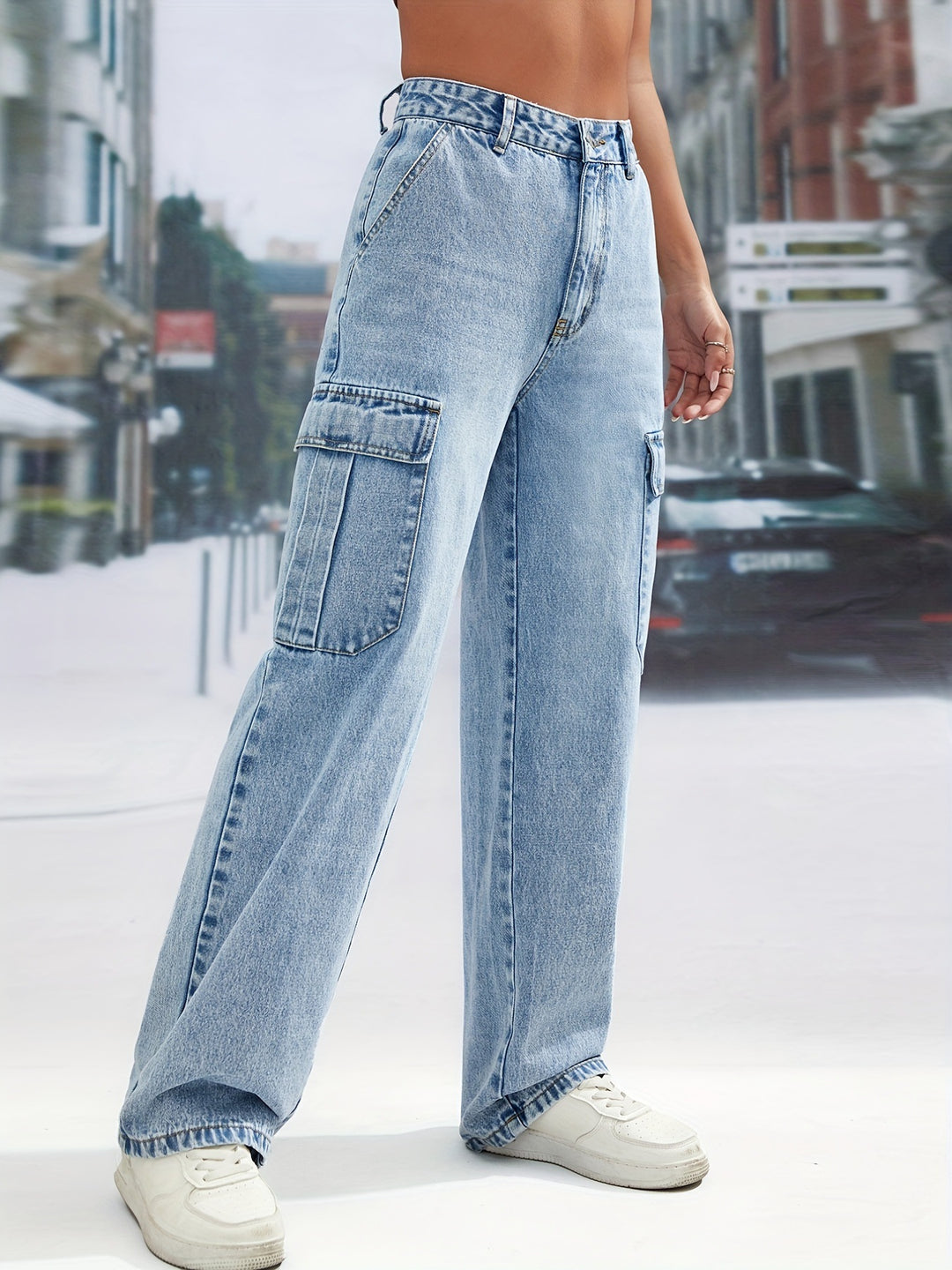 Women Clothing Large Pocket High Waist Casual Straight Leg Denim Trousers