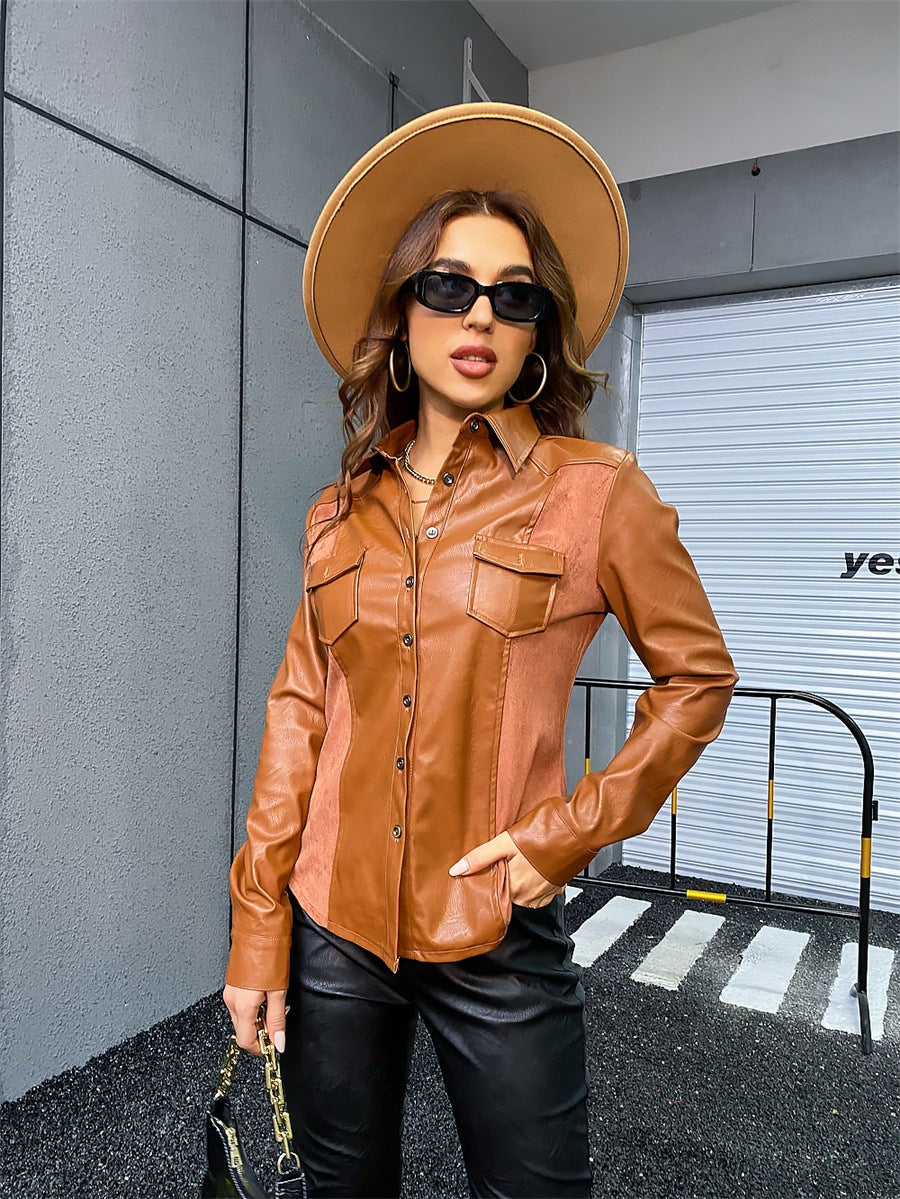 Casual Faux Leather Stitching Women Clothing Leather Coat