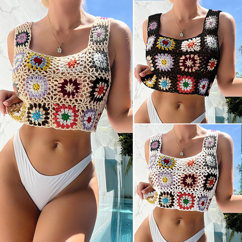 Hand Hook Floral Block Knitted Sling Lady Sexy Seaside Swimwear Vacation Bikini Small Sling