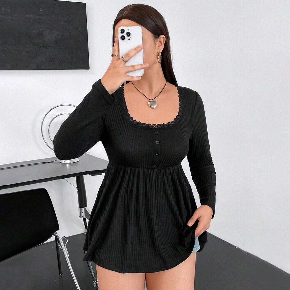Women Clothing Urban Casual Long Sleeved Knitted Bottoming Shirt Lace U Collar Slim Fit Intellectual Slimming Top