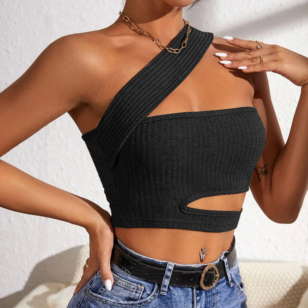 WomenClothing New Sexy Hollow Out Cutout out Knitted Vest Ultra Short Oblique Shoulder Tank-Top