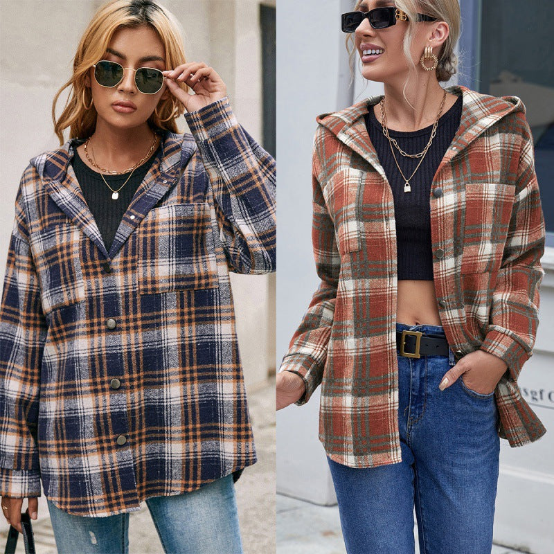 Loose Casual Long Sleeves Single-Breasted Plaid Hooded Jacket Coat Dovetail Plaid Shacket Jacket for Women
