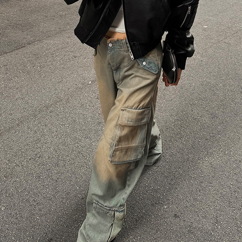 Retro Worn Looking Washed out Low Waist Loose Pockets Stitching Edging Jeans Street Snap Straight Casual Pants