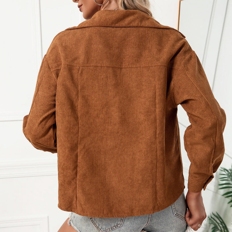 Corduroy Single Breasted Collared Pocket Shacket Shacket Top Women Outerwear