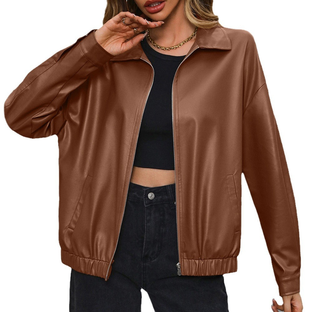 Casual Short Long Sleeve Zipper Faux Leather Motorcycle Leather Coat Polo Collar Jacket Coat Top