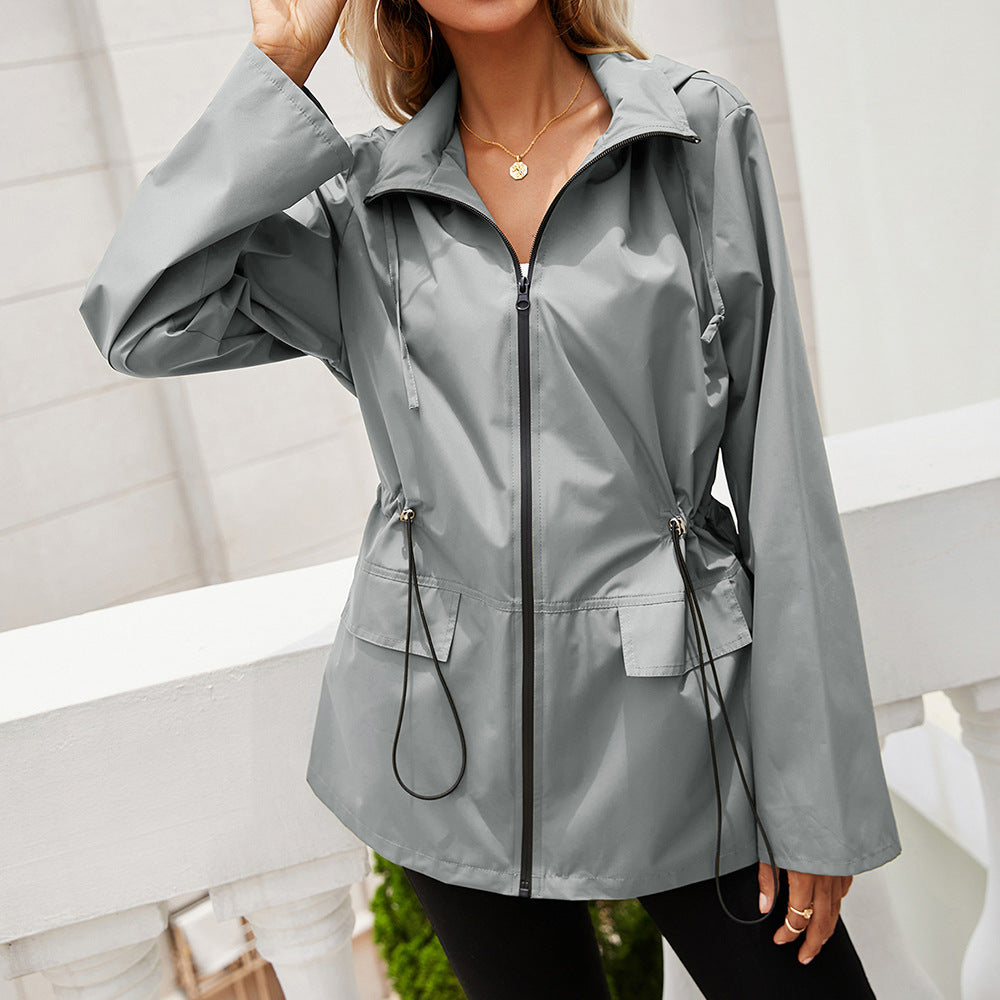 Hooded Zipper Waist Tight Waterproof Raincoat Outdoor Windcheater Mountaineering Clothing Coat Jacket Top for Women