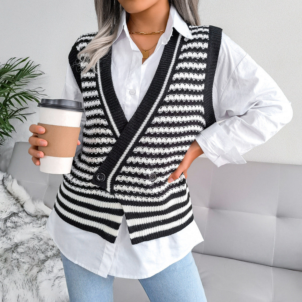 Stripe College Knitted Vest Sweater Women Clothing