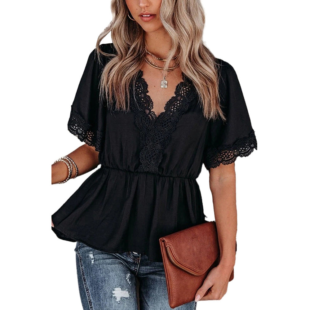 Summer Short Sleeve V neck Pullover Lace Shirt Women Solid Color Casual Waist Tight Top T shirt