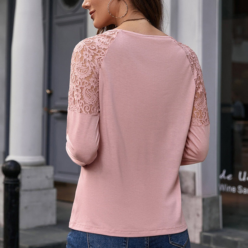 Lace Patchwork round Neck Long-Sleeved T-shirt Hollowed Casual Loose Bottoming Shirt Top for Women