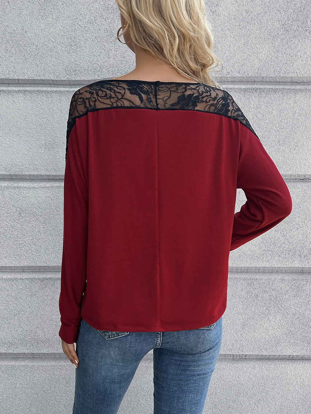 Sexy Hollow Out Cutout Lace Stitching Round Neck Long Sleeved T Shirt Top Women