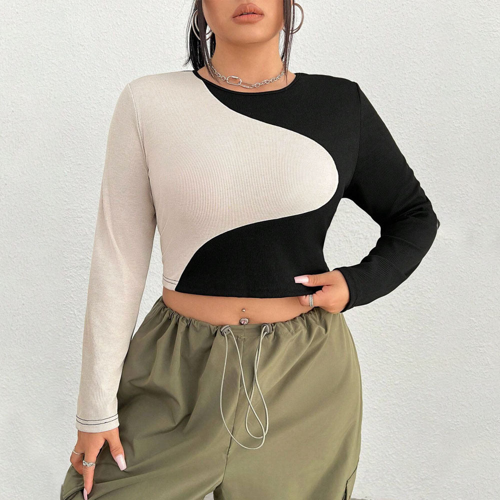 Autumn Winter Slim Fit Cropped Stitching Contrast Colors Slimming Ultra Short Sexy round Neck Long Sleeve T shirt Top