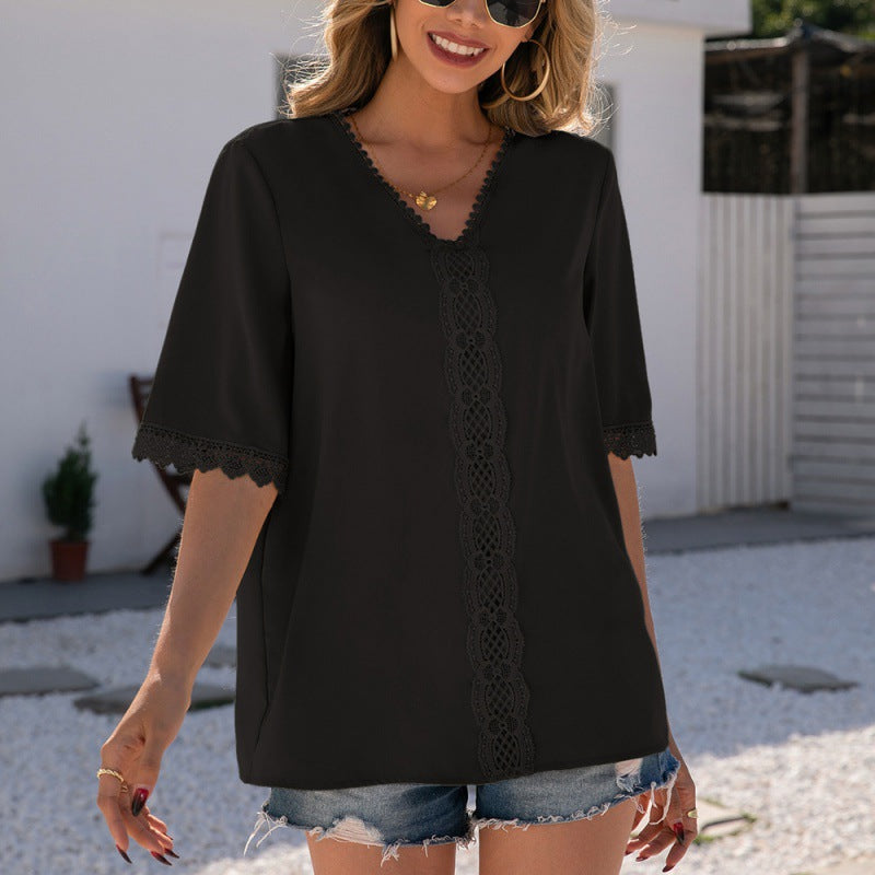 Simple Elegant Lace Stitching V Neck Short Sleeve Shirt Solid Color Hollow Out Cutout Top Women